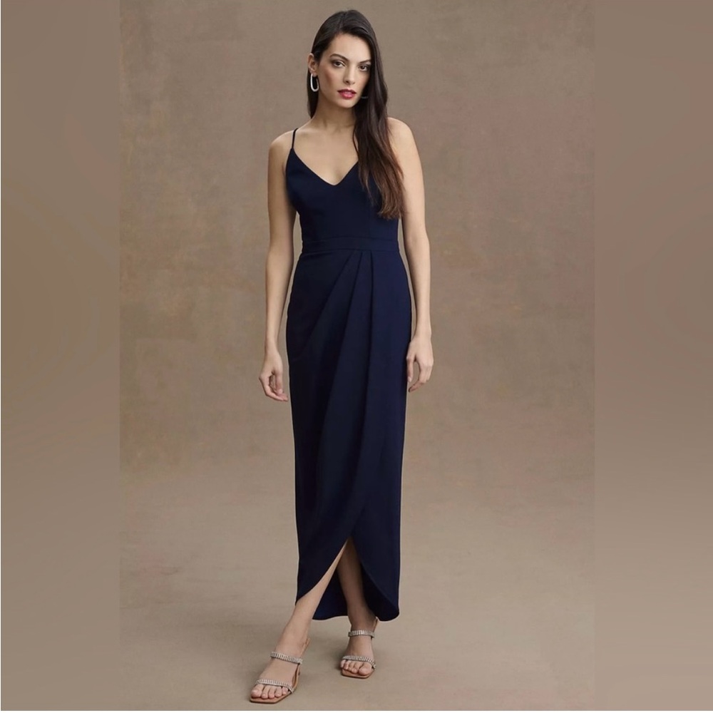Anthropologie BHLDN Lyra V Neck Faux Wrap Midi Dress - Midnight Blue - 16